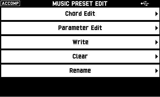 Edit the music preset parameters. 5-1. To edit the chord progression Touch Chord Edit. Next, perform the editing operation described under To edit a chord progression (page EN-37).