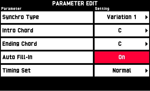 User Presets To change how an Auto Accompaniment is played 1. On the MUSIC PRESET EDIT screen (page EN-36), touch Parameter Edit. This displays the PARAMETER EDIT screen. Parameter Setting 2.
