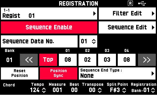 Sequentially Recalling Registered Setups (Registration Sequence) Using a Registration Sequence while Playing 1. On the MENU screen, touch REGISTRATION. This displays the REGISTRATION screen. 2.
