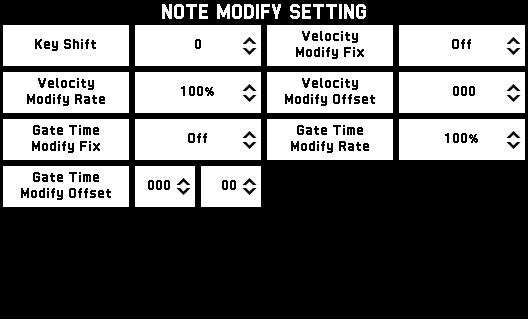 Editing Events To adjust the gate time value of a note event 1. On the EVENT EDIT screen, touch Setting. 2. Touch Note Modify Setting. 3.