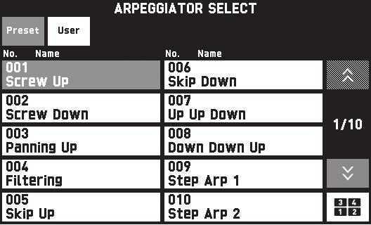 On the MENU screen, touch ARPEGGIATOR. This displays the ARPEGGIATOR screen. 2. To enable the arpeggiator, touch.