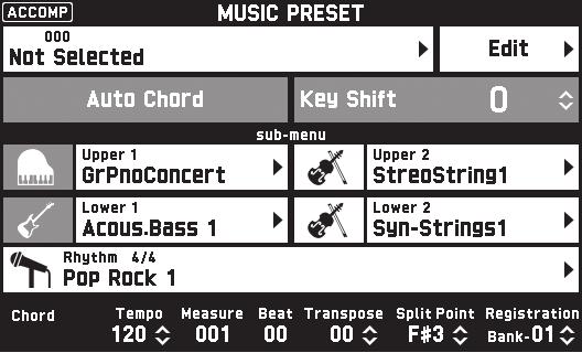 Music Presets 9 dp dq Music Presets provide you with one-touch tone, rhythm, chord, and other settings that are optimized for specific musical genres and songs.