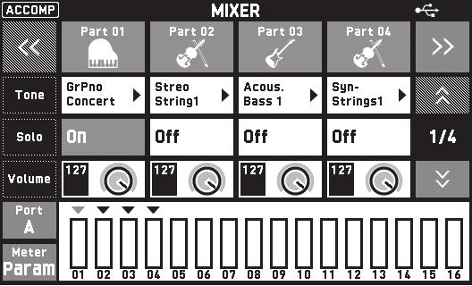Configuring Digital Keyboard Settings MIXER Screen This screen mixer lets you adjust the source tone, volume level, and other setting items of the Digital Keyboard sound source parts (Parts 01