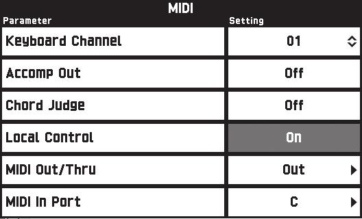 Configuring Digital Keyboard Settings MIDI Screen Use this screen to configure MIDI settings. For information about MIDI channels assigned to each port, see the separate Tutorial manual.