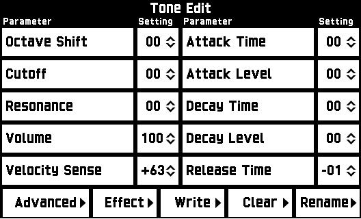 Editing a Tone (User Tones) Melody Tone Editing Screen Parameters frequently used for tone editing Advanced settings Effect settings. For more information, see Editable Effect Parameters (page EN-18).