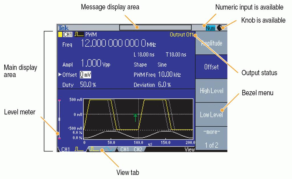5 LCD Display Screen Interface Figure 8: Screen interface - Copyright Tektronix, Inc. 6 Entering Numbers With the Keypad A waveform has several numeric parameters that define its characteristics.