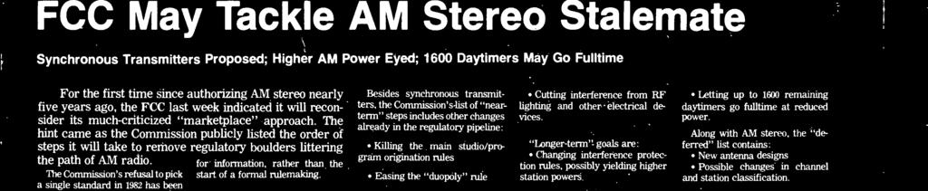 With industry pressure for ction mounting, Mss Medi Bureu Chief Jim McKinney sid petition from Texr clling for single AM stereo gtndrd "must be ddressed." Repeter Trnsmitters.