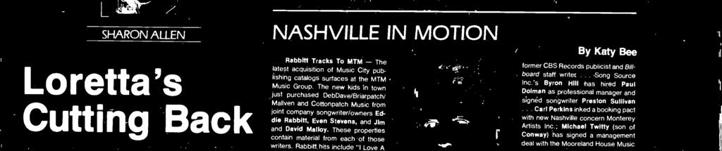 " NASHVILLE IN MOTION Rbbitt Trcks To MTM - The ltest cquisition of Music City publishing ctlogs surfces t the MTM Music Group.