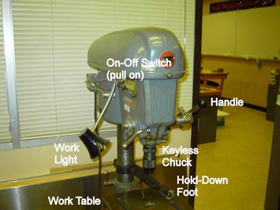 The metal drill press is used with steel bits to drill holes in sheet metal that for whatever reason cannot be punched.