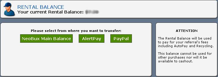 Renting Balance under the Account sub heading you will see the following page. The screen shot above, is the control page for transferring money to your rental balance.