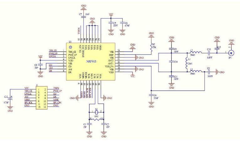 Cai jing:the Design of Explosion-proof robot Based on MSP43 Figure 5. The application of nrf95 circuit III. POWER SUPPLY MODULE Pd =.5*(65.7 *3 +.22) = 98.