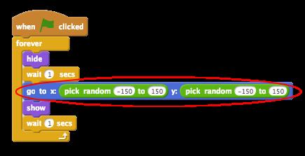 Instead of staying in the same position, you can let Scratch choose random x and y coordinates instead.