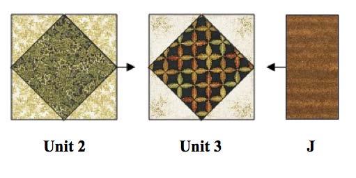 Step 2: Create Strip Sets Unit [2-3-J] - Sew 1 Unit 2 to the left edge of 1 Unit 3 and sew 1 Fabric J 2-1 2 x