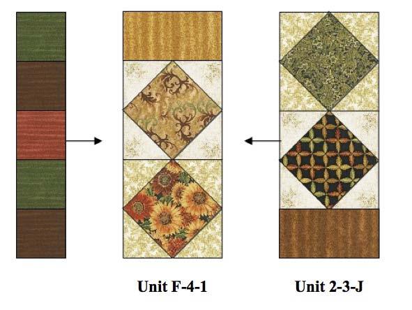 - Sew 1 Fabric D 2-1 2 square to the right side of the unit and then sew 1 Fabric C 2-1 2 square to the right