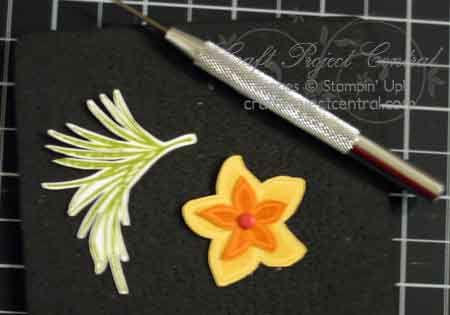 Use a So Saffron Classic Stampin Pad to stamp the large flower image from the Tropical Party stamp set on So Saffron scrap card
