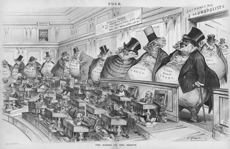 Political Cartoons This is a Senate of the monopolists, by the monopolists, and for the monopolists. The Bosses of the Senate 1. What does the image of the people entrance suggest? 2.