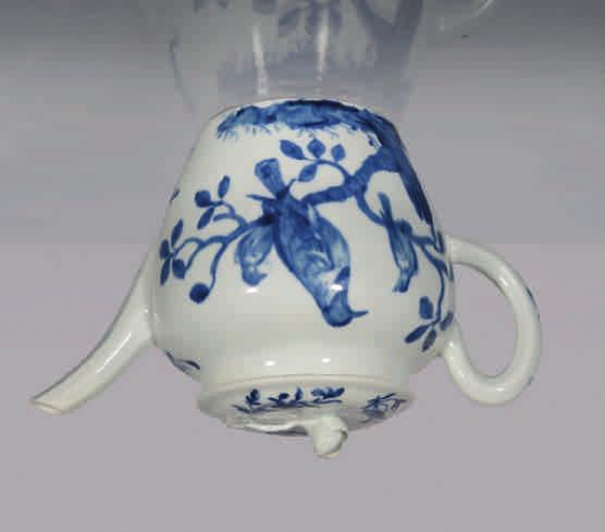 48. A rare Worcester ovoid teapot and cover, with loop handle and open flower knop, finely painted in underglaze blue with the Thrush pattern, 4 ½" high, circa