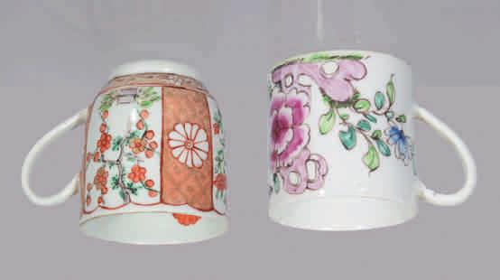 A Liverpool coffee cup, with flattened loop handle, painted in Japanese Kakiemon style with flowering branches, alternating with orange and gilt trellis bands with mons, the