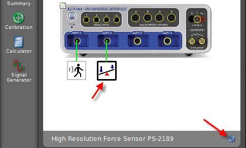 (2) Set up Capstone software. (2-1) Add [Motion Sensor] and [Force Sensor]. The interface automatically recognizes the Motion Sensor and the Force Sensor. (2-2) Configure the Force Sensor.