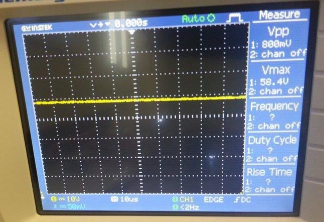 The PWM signal from FLC has triggered the MOSFET in DC-DC boost converter to boost up the solar module voltage from 29.702 V to 58.4 V.