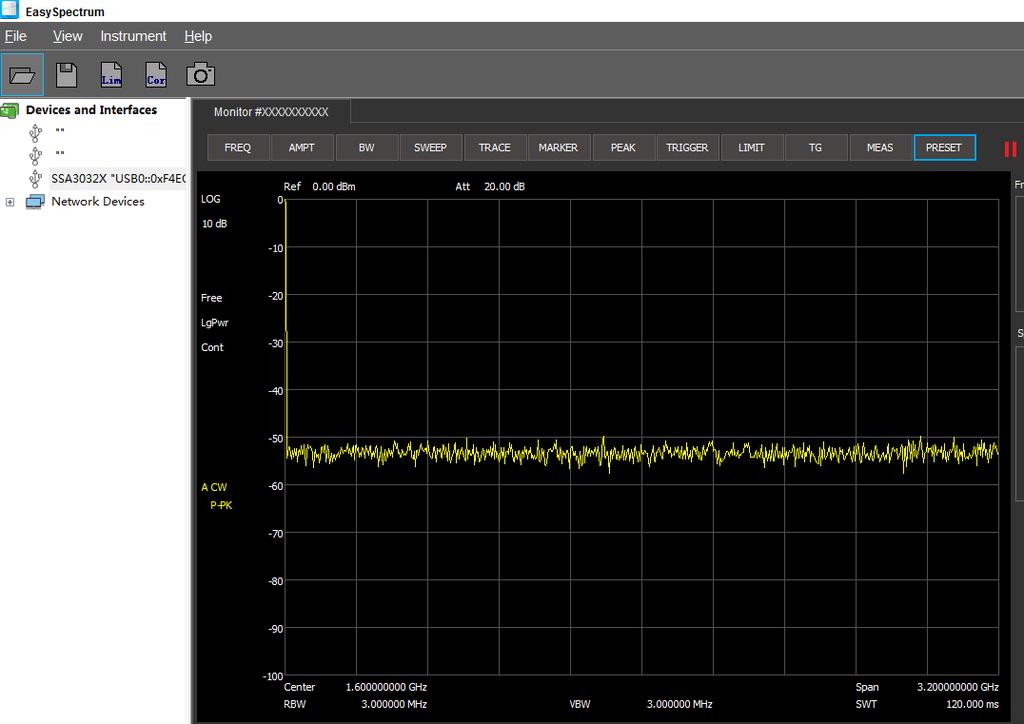 An EMI receiver to perform EMI Pre-compliance test including prescan, peak search, finalscan and report generating.