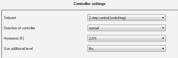4.5.4 2 step control (switching) The following settings are available at the ETS Software (here for controller type heating): Illustration 25: 2 step control (switching) The following chart shows the
