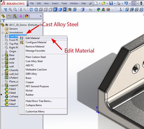 Material feature changes from Matertial <not specified> to Cast Alloy Steel to indicate a specified