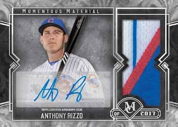 AUTOGRAPHED RELICS Momentous Material Jumbo Patch Autographs Up to 75 subjects showcasing a jumbo-sized patch piece and an autograph. Base version sequentially numbered.
