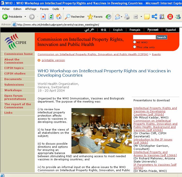 WHO activities on IP and vaccines Technical meeting (April 04) (http://www.who.