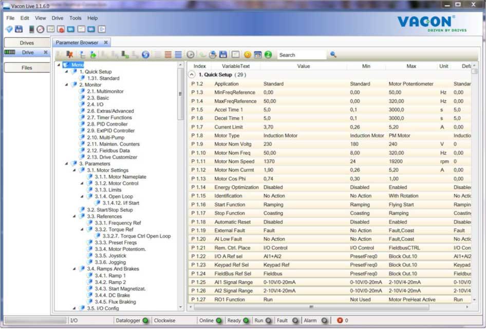 USER INTERFACES VACON 45 See more on how to use Vacon Live in the help menu of the program.