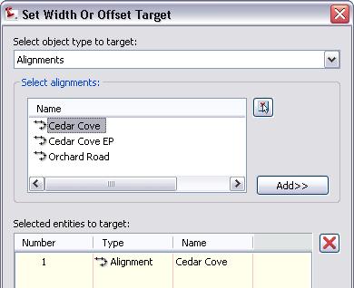 Module 10 Assemblies and Corridors NOTES 44. In the Set Width Or Offset Target dialog box: For Select Object Type to Target, select Alignments. Click Cedar Cove. Click Add. 45. Click OK. 46.