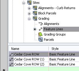 AutoCAD Civil 3D 2009 Education Curriculum NOTES 14. In the Item View area, select the first feature line. 15.
