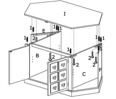 Assembly Instructions Attach the left door (G) to the left middle panel (B) and right door (H) to the right middle panel (C) by inserting the preinstalled male hinge on the door to the preinstalled
