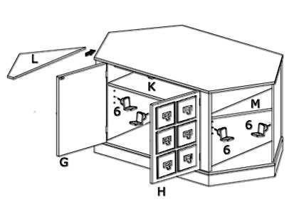 Assembly Instructions Insert upper back panel (J) into grooves of assembled unit s back. Tighten bolts (5) with Phillips screwdriver. Figure 6 (5) 3.