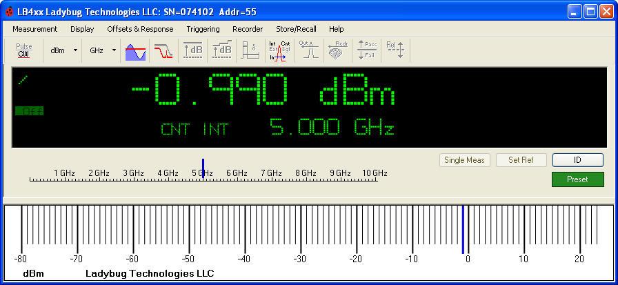 27. The default pulse profile measurement interface will open as shown below. The top graph is called the Panorama view (power versus time) and the bottom is the Measurement view.
