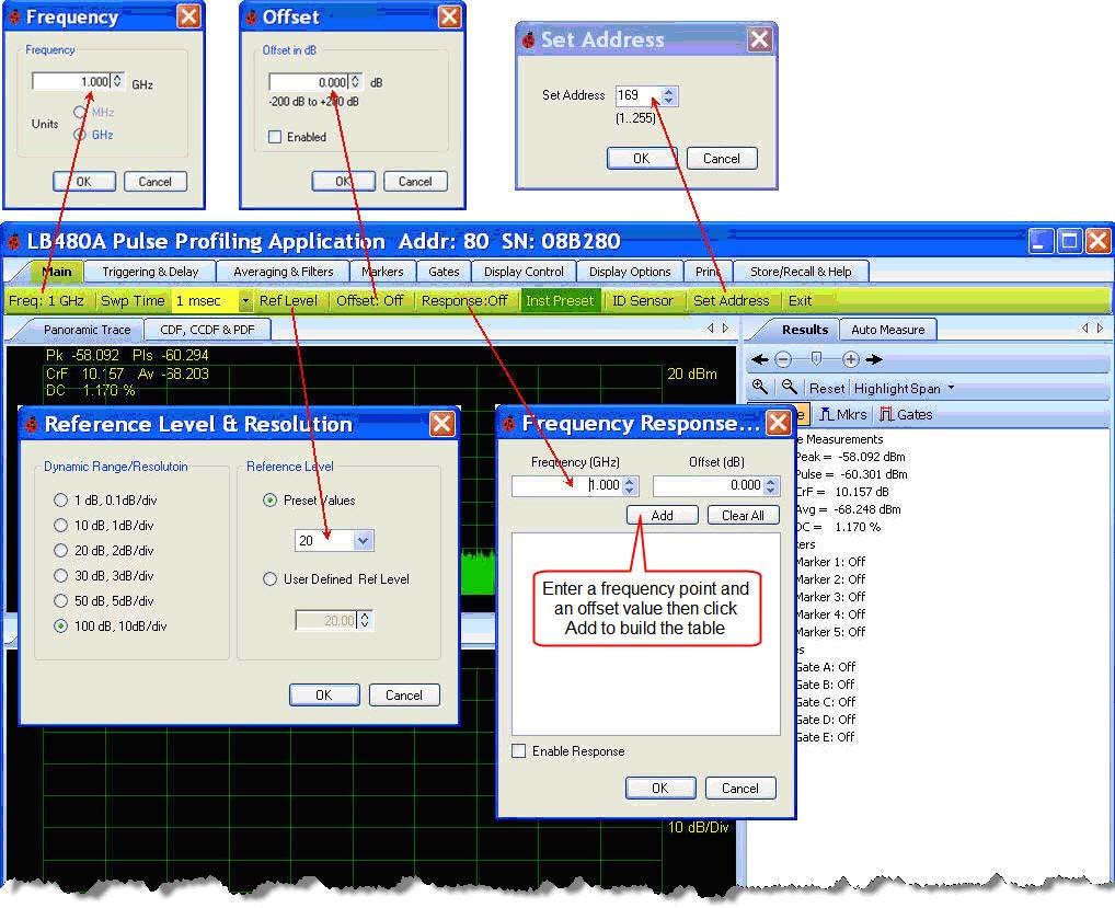 4. Measurement Basics The Main Toolbar The Main toolbar shown below allows setting of the Frequency, Sweep Time, and Reference Level & Resolution.