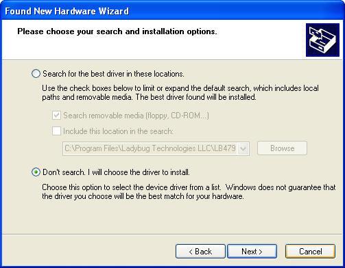 12. Select Don t search, I will choose the driver to install as shown below then click Next to continue.