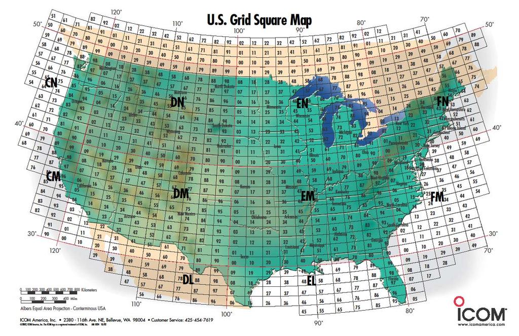 Grid square measures 1 latitude by 2 longitude and measures approximately 70 100 miles.