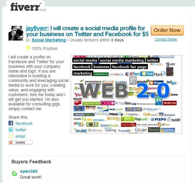 Creating Social Media Profile Twitter/Facebook Another Gig you can offer for $5.00 is to create a social media profile for people. For example, take a look at this gig.