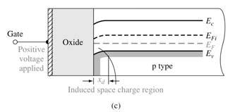 The energy-band diagrams of the MOS capacitor with a p-type substrate for various gate biases are shown.