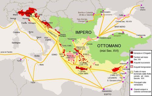 Territories of the Republic of Venice, superimposed over modern borders: in dark red the territories conquered at the start of the 15th century, in red the territories at the start of 16th century,