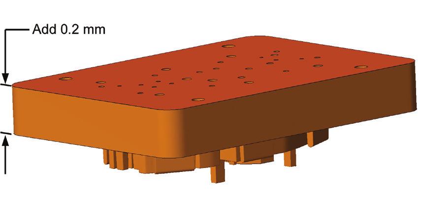 If using a mold base (see Section 4.3.), extend the back face of the core and cavity by 0.2 mm (0.008 in) to make them taller than the mold base s pockets (Figure 3).