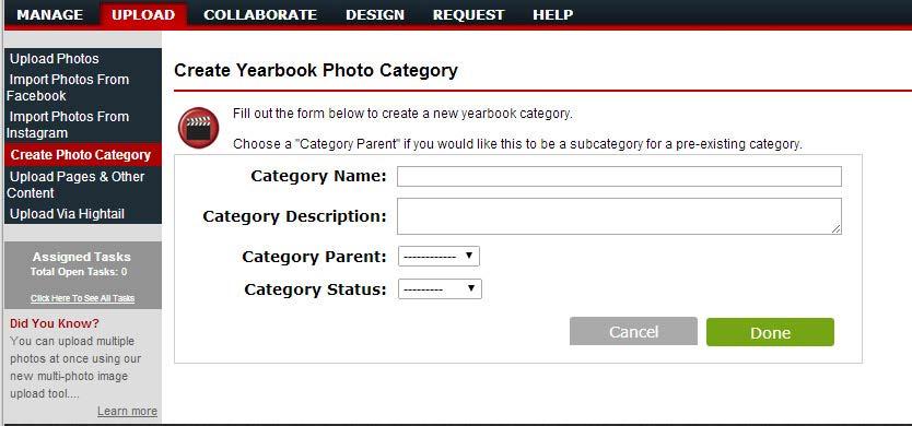 Once you have created your photo categories you can start uploading your photos. To begin, go to Upload Photos under the Upload tab. Select the category in box 1.