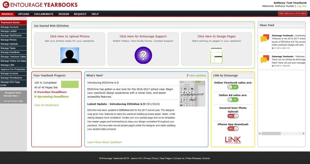 Homepage & Tab Navigation ENTOURAGE WEBSITE YOUR YEARBOOK HOMEPAGE: If you are not sure where to begin, our homepage will give you a step in the right direction.