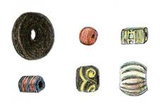 rosary. Below there are some drawings illustrating the different kinds of beads found at the harbour and trading place.