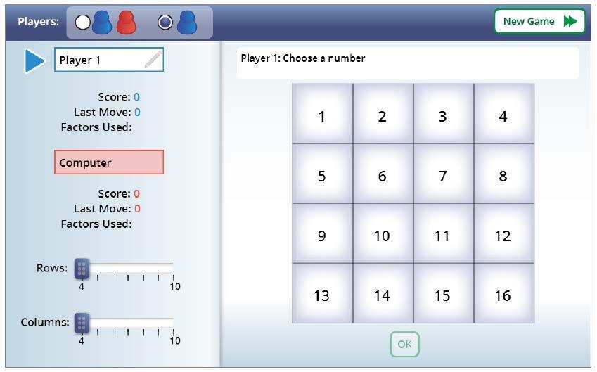 Interactive Website Review of factors, prime numbers and composite numbers. Play the Factor Game a few times with a partner. Be sure to take turns going first.