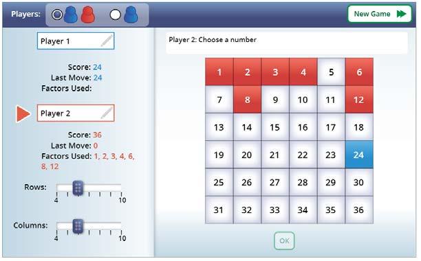 Game (Rows and Columns can be adjusted prior to starting the game) Player 1 chose 24 to earn 24 points.