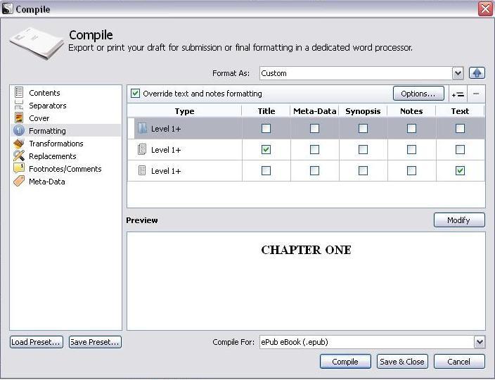 The automatic formatting options for the E-book preset are what is shown above. Keep in mind that you formatted your levels in the binder to make it easier for you to compile.