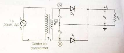 d) Draw circuit diagram of center-tap full wave rectifier and label it.