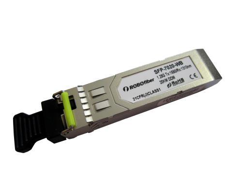 Features SFP-7020-WB 1.25Gbps SFP Bi-Directional Transceiver, 20km Reach 1550nm TX / 1310 nm RX Dual data-rate of 1.25Gbps/1.